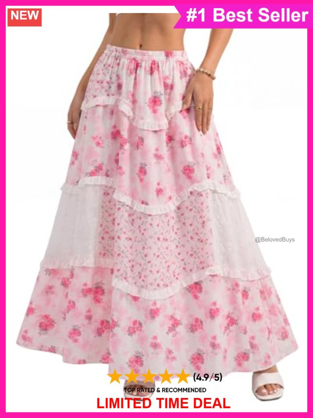 Boho Floral Patchwork Maxi Skirt Tiered Ruffle Elastic Waist Polyester